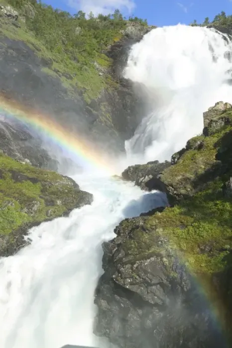Framed Print : rainbow over KJpsfossen waterfall. The Flam Railway - an incredibel train journey