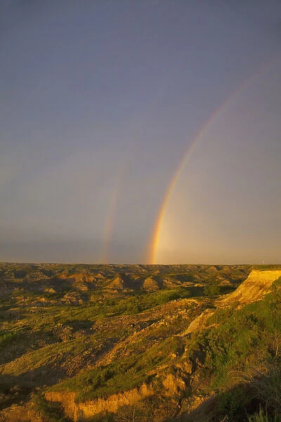 Rainbow during thunderstorm at Painted Canyon in Theodore Roosevelt National Park; National Park