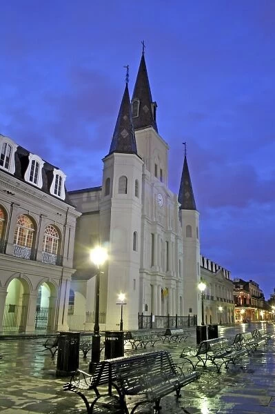 Rainy evening lighting St. Louis Cathedral at Jackson Square French Quarter New Orleans