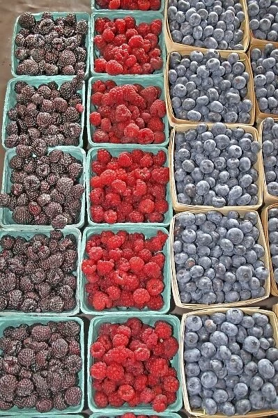 Raspberries blueberries at farmers market in South Haven Michigan