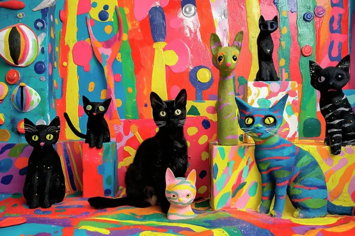 Framed Print : Real and fake cats in designed scene. (AI Generated) Framed Print : Real and fake cats in designed scene. (AI Generated)