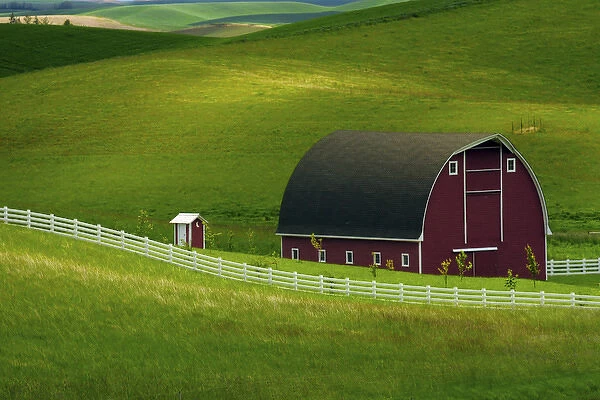 Red barn and manicured fields in Moscow, Idaho, Latah County, USA