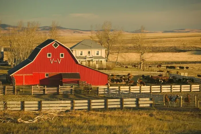 Framed Print : 02. Canada, Alberta, Pincher Creek: Red Barn and Ranch  /  Morning
