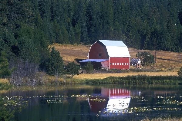 A red barn with sheet metal roof is reflected in a lake just north of Hayden Lake, Idaho