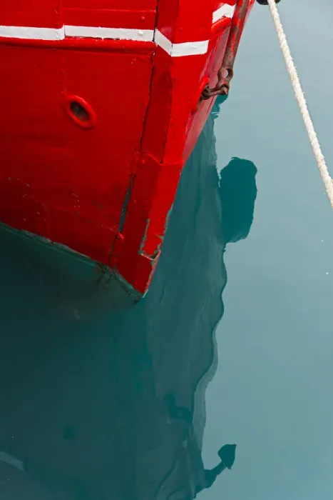 Framed Print : Red boat on the ocean, Narsarsuaq, Greenland