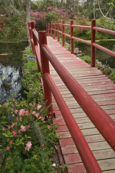 Framed Print : Red bridge over pond, Magnolia Plantation, Charleston, South Carolina