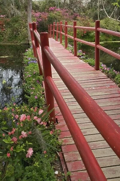 Red bridge over pond, Magnolia Plantation, Charleston, South Carolina