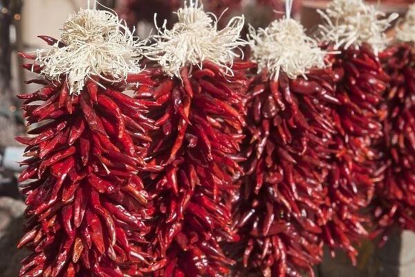 Red chili peppers on display in downtown Santa Fe New Mexico
