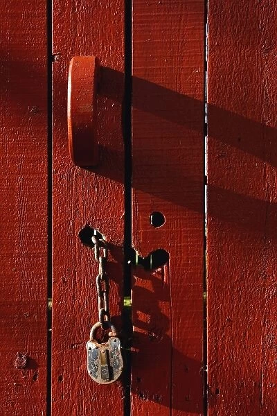Red door with lock and chain, Kentucky Horse Park, Lexington, Kentucky