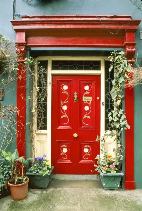 Framed Print : Red door with painted daisies, surrounded by flowers and vines Framed Print : Red door with painted daisies, surrounded by flowers and vines