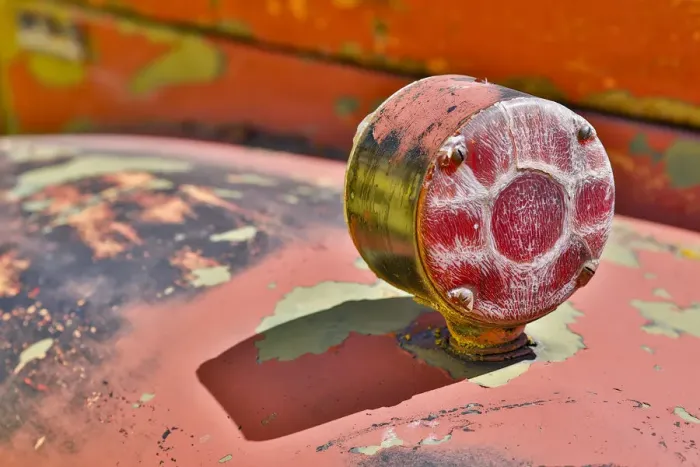Framed Print : Red light on fender of old truck detail in Sprague, Washington State