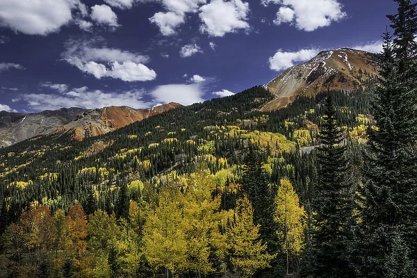 Red Mountain and autumn aspen trees, from Million Dollar Highway, near Ouray, Colorado