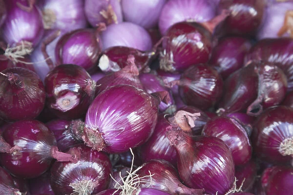 Red onions for sale at the open air market held in Bergerac, France