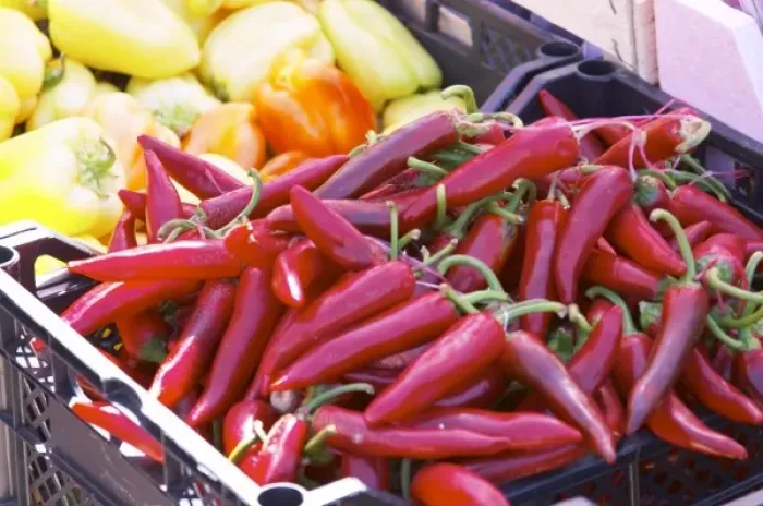 Framed Print : Red pepperoni chilli peppers and yellow bell peppers. In the fruit and vegetable Framed Print : Red pepperoni chilli peppers and yellow bell peppers. In the fruit and vegetable