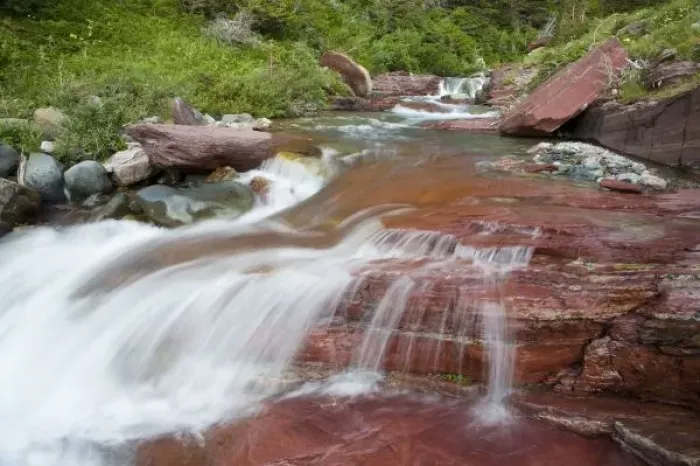 Framed Print : Red rock in Baring Creek in Glacier National Park in Montana