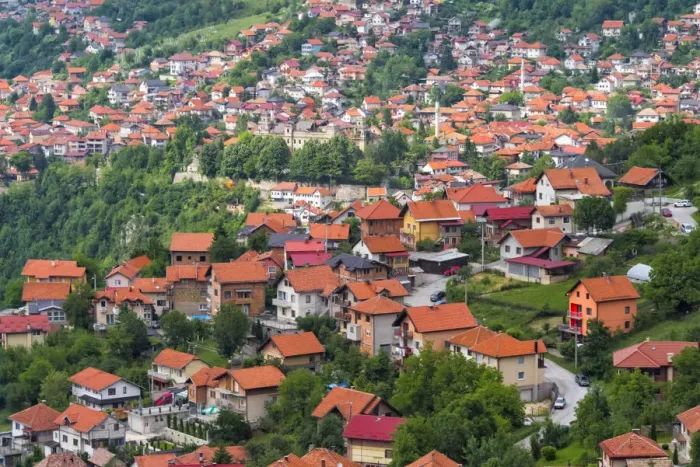 Framed Print : Red roof houses on the hill side, Sarajevo, Bosnia and Herzegovina