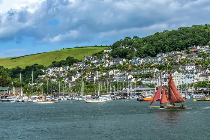 Framed Print : Red sailboat sailing, Dartmouth, Kingswear, Devon, England