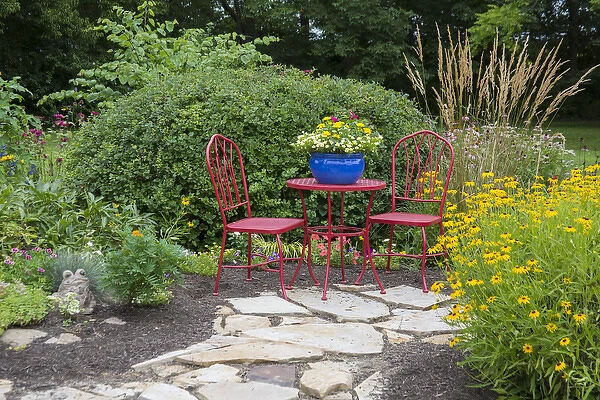 Red table & chairs with blue pot in flower garden. Marion Co. IL (PR)