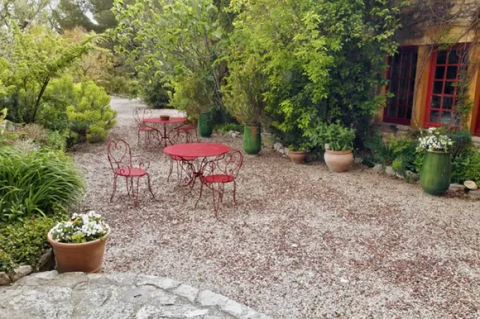 Framed Print : Red tables and chairs in outdoor sitting area, Provence region of southern France Framed Print : Red tables and chairs in outdoor sitting area, Provence region of southern France
