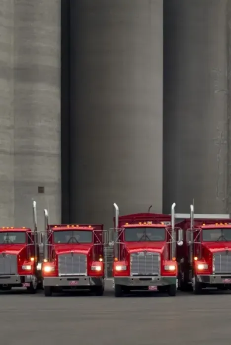 Framed Print : Four red trucks with lights turned on lined up in front of tall concrete silos in Framed Print : Four red trucks with lights turned on lined up in front of tall concrete silos in