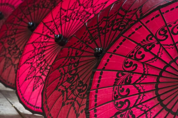 Red umbrellas, Inle Lake, Shan State, Myanmar