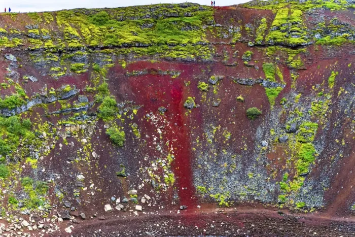 Framed Print : Red Volcanic Soil green Moss Kerio Volcano Crater blue Lake Golden Falls Golden Circle