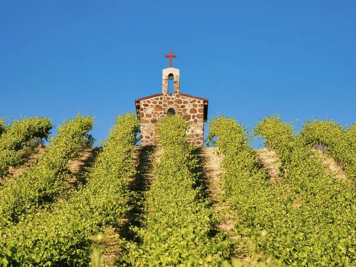 Framed Print : Red Willow Vineyards with stone chapel. (PR) Framed Print : Red Willow Vineyards with stone chapel. (PR)