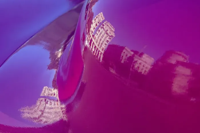 Framed Print : Reflection of buildings in trunk of hot pink classic American Oldsmobile in Vieja