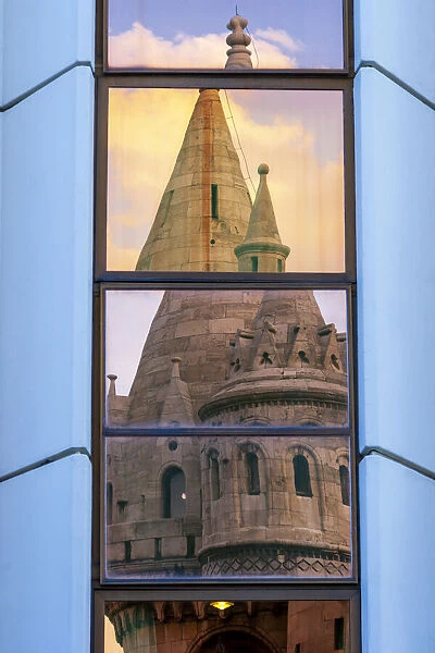 Reflection of Fishermans Bastion next to Matyas Church, Castle Hill