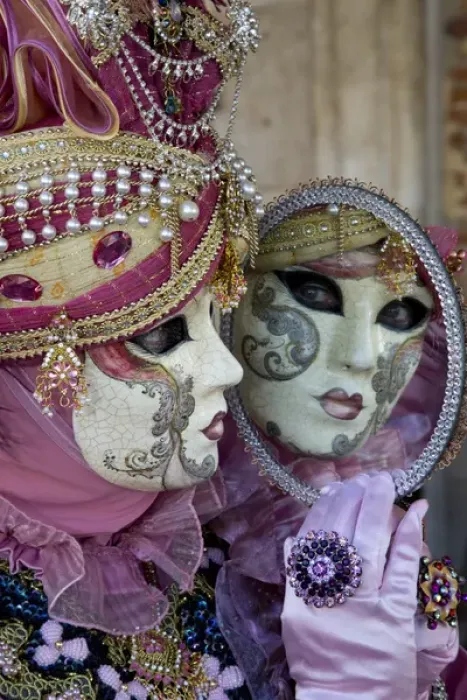 Framed Print : Reflection in mirror Venice at Carnival Time, Italy