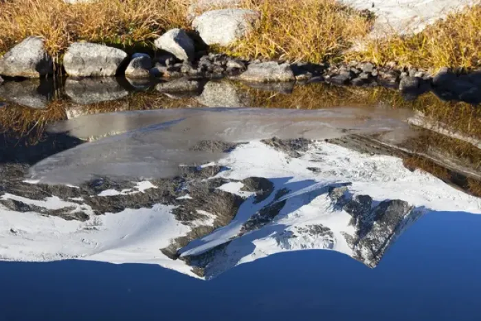 Framed Print : reflection of Mount Hoher Zaun and Mount Schwarze Want in a pond in late fall, Hohe