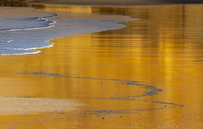 Framed Print : Reflective wet sand at sunrise, Cape Kiwanda in Pacific City, Oregon, USA
