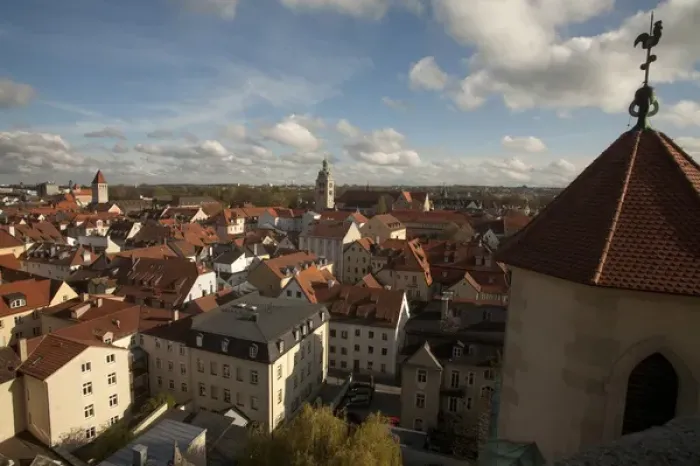 Framed Print : REGENSBURG18303-2012-BARTRUFF. CR2 - Roof top view of Old Town Regensburg, Germany