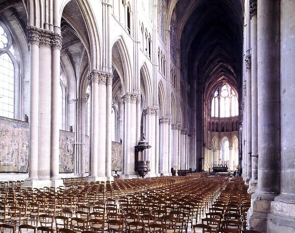 Reims Cathedral. Gothic architecture. Inside view. Nave. Marne