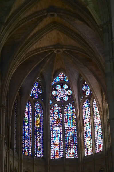 The Reims Cathedral: the stained glass windows behind the altar, Reims, Champagne