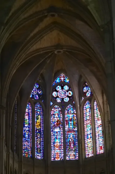 Framed Print : The Reims Cathedral: the stained glass windows behind the altar, Reims, Champagne Framed Print : The Reims Cathedral: the stained glass windows behind the altar, Reims, Champagne