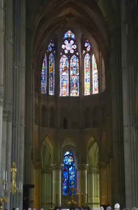 Framed Print : The Reims Cathedral: the stained glass windows behind the altar, the middle one being by Chagall Framed Print : The Reims Cathedral: the stained glass windows behind the altar, the middle one being by Chagall
