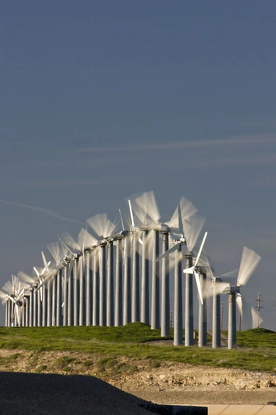 Renewable energy through wind power is collected via wind turbines in northern California s
