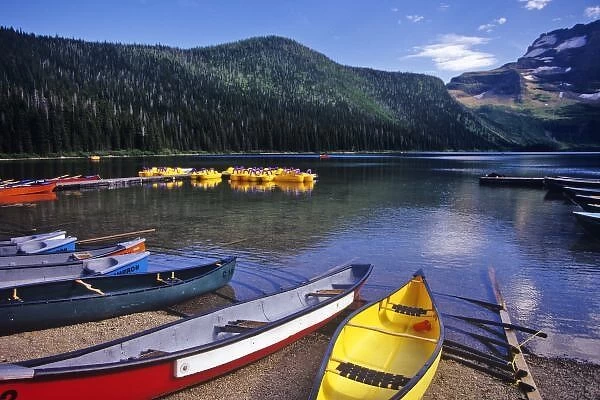 Rental boats at Cameron Lake in Waterton Lakes National Park in Alberta, Canada