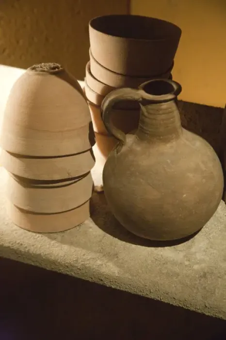 Framed Print : Replicas of ancient Essene pottery at the Qumran National Park Visitors Center on the Dead Sea