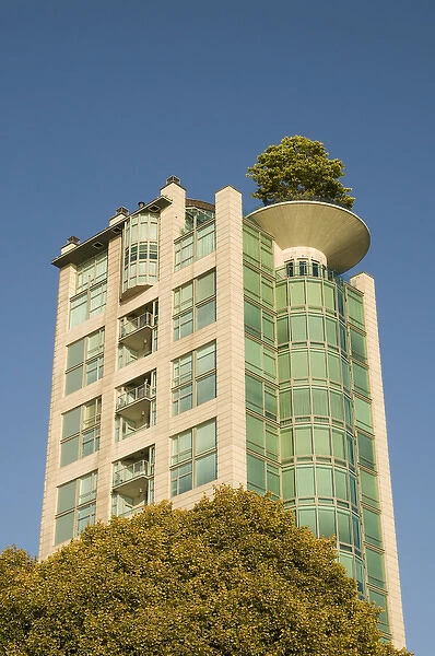 Residential high-rise with roof garden including large mature tree, West End of Vancouver