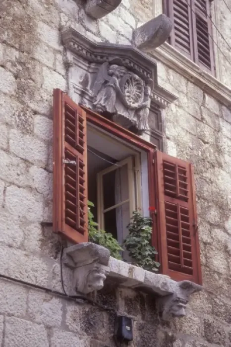 Framed Print : Residential window detail with ornate cornice. Hvar Town, Hvar Island. Croatia Framed Print : Residential window detail with ornate cornice. Hvar Town, Hvar Island. Croatia