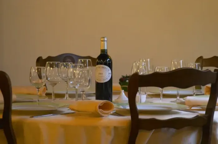 Framed Print : Restaurant at the Hotel de France in Branne, a bottle of Chateau du Breuil Saint Framed Print : Restaurant at the Hotel de France in Branne, a bottle of Chateau du Breuil Saint