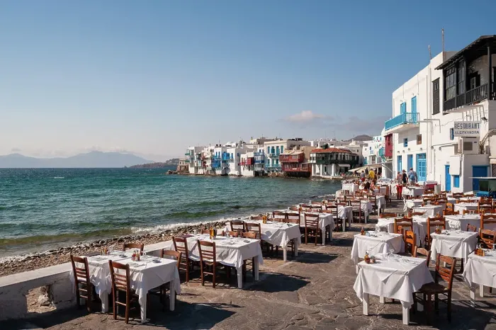 Framed Print : Restaurant tables on the seaside in the Little Venice neighborhood. Chora, Mykonos Island, Cyclades Islands, Greece Framed Print : Restaurant tables on the seaside in the Little Venice neighborhood. Chora, Mykonos Island, Cyclades Islands, Greece