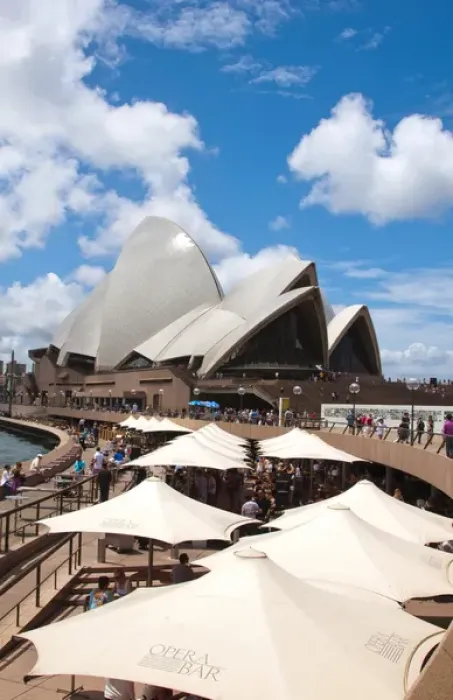 Framed Print : Restaurant and umbrellas in area of famous Sydney Opera House in harbour in New South
