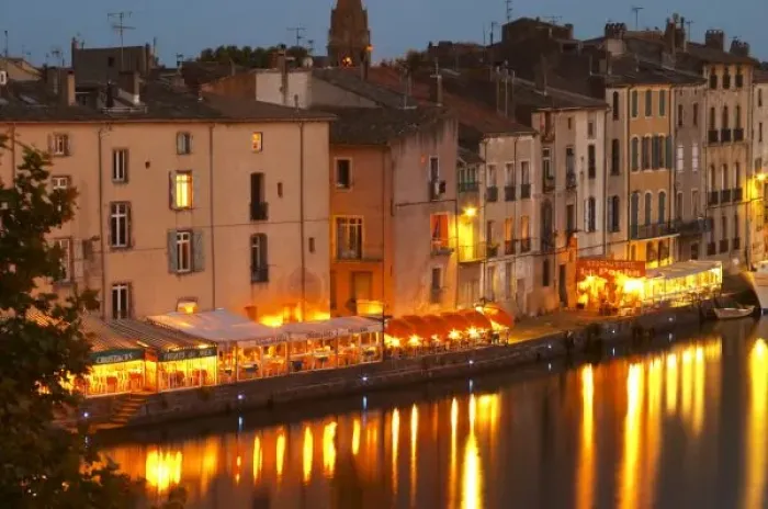 Framed Print : Restaurants along the l Herault river. L Herault river. Agde town. Languedoc Framed Print : Restaurants along the l Herault river. L Herault river. Agde town. Languedoc