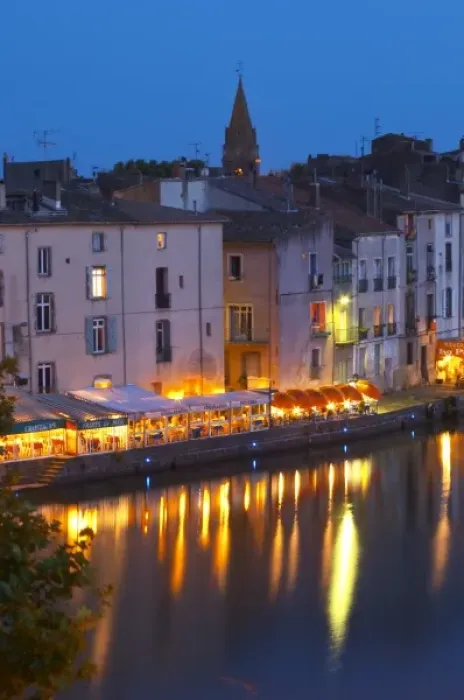 Framed Print : Restaurants along the l Herault river. L Herault river. Agde town. Languedoc Framed Print : Restaurants along the l Herault river. L Herault river. Agde town. Languedoc