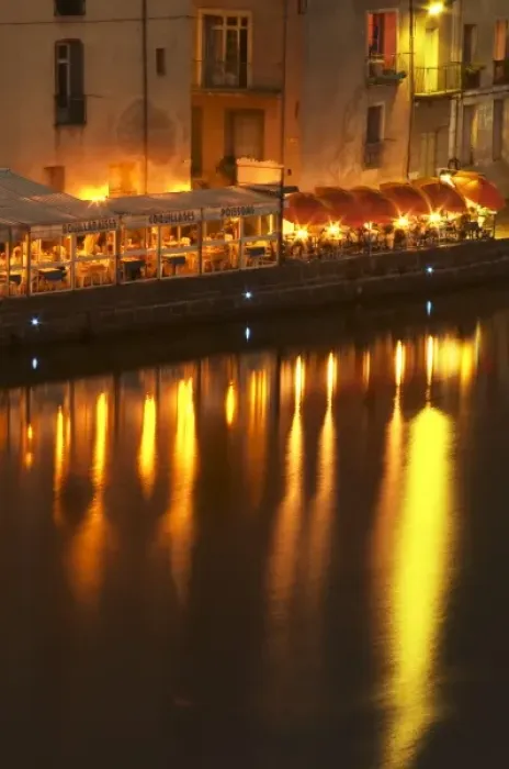 Framed Print : Restaurants along the l Herault river. L Herault river. Agde town. Languedoc Framed Print : Restaurants along the l Herault river. L Herault river. Agde town. Languedoc