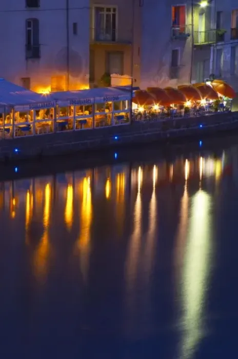 Framed Print : Restaurants along the l Herault river. L Herault river. Agde town. Languedoc Framed Print : Restaurants along the l Herault river. L Herault river. Agde town. Languedoc