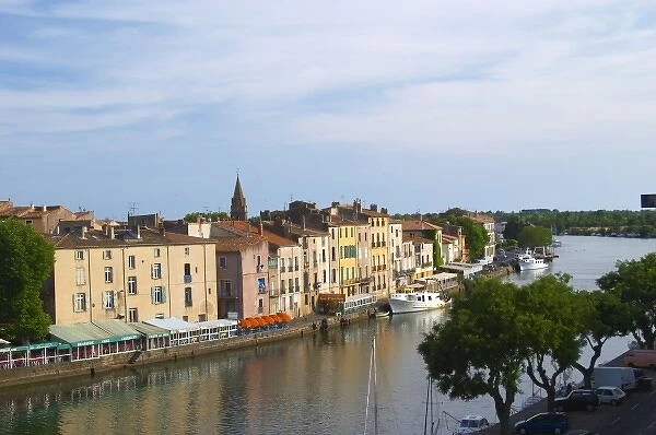 Restaurants along the l Herault river. L Herault river. Agde town. Languedoc